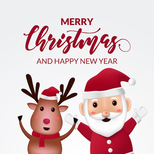 Vector 3d cute character reindeer and santa claus for greeting card merry christmas and happy new year