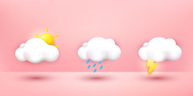 3D Cute cloud cartoon collectie icon set. kawaii wolk emoticon sticker, weerpictogram geïsoleerd