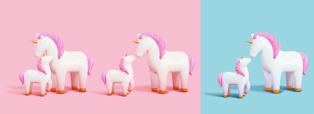 Vector 3d cute unicorn family set