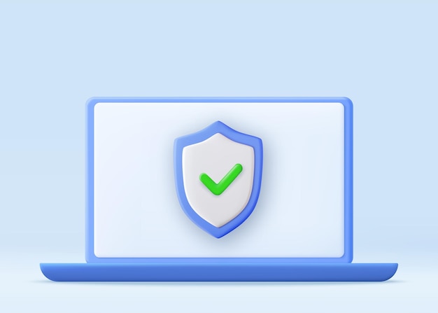 3Dサイバーセキュリティ技術の概念個人データ保護データセキュリティ保護ラップトップと保護シールドを備えたWebサイトのヘッダー3Dレンダリングベクトル図