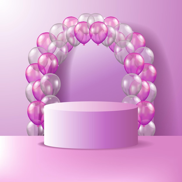 Vector 3d cylinder pedestal podium stage product display with 3d balloon pink