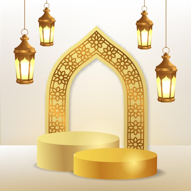 3d cylinder podium display and door mosque arabic pattern with hanging golden lantern lamp