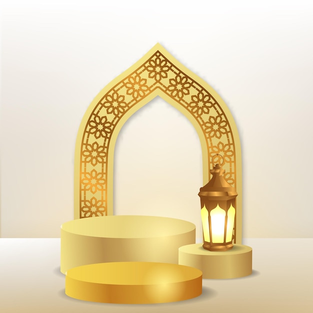 Vector 3d cylinder podium display with door mosque arabic pattern with golden lantern lamp