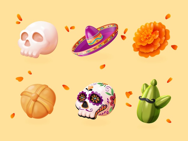 3d dag dode elementen Dia de muertos mexico nationaal onthouden symbool suiker catrina schedel marigold bloemblaad sombrero mexicaans voor de dood halloween viering exacte vector illustratie