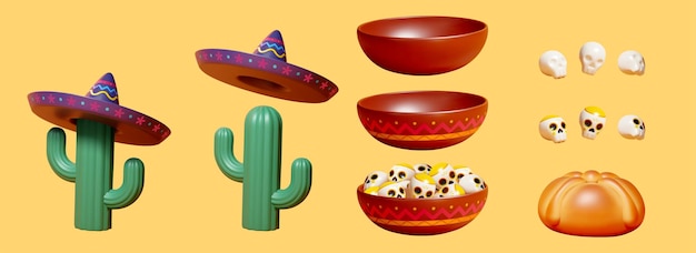 3d day of the dead elements set including mexican bowls sugar skulls cacti with sombrero hats and bread of the dead