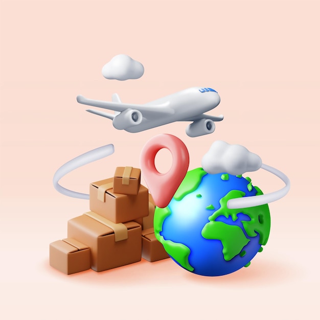 3d delivery airplane globe and cardboard box