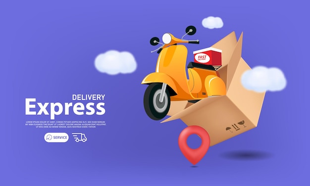 Vector 3d delivery express package by scooter on boxes and parcels float 3d vector illustration