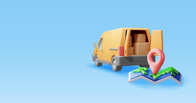 Vector 3d delivery van and cardboard boxes and map