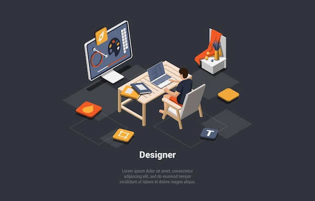 Progettazione 3d e lavoro freelance team creativo di graphic designer ragazzo freelance crea la sua opera d'arte o modello di illustrazione sulla scuola di computer per il web design illustrazione vettoriale 3d isometrica