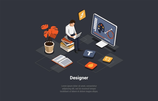 Vector 3d design and freelance work creative team of graphic designers man designer make artwork of illustration on computer using pen tool workspace of digital artist isometric 3d vector illustration