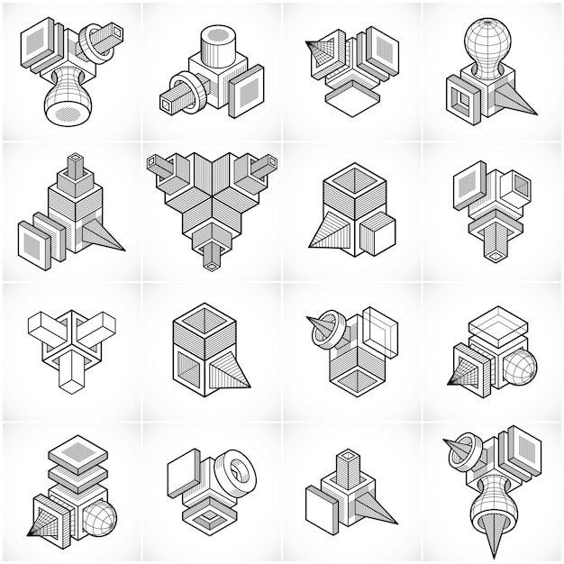 3d designs, abstract vector shapes set.