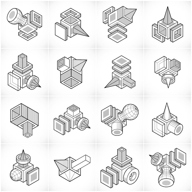 Vector 3d designs, abstract vector shapes set.