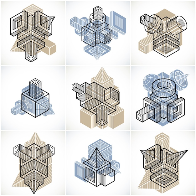 3D designs, set of abstract vector shapes.