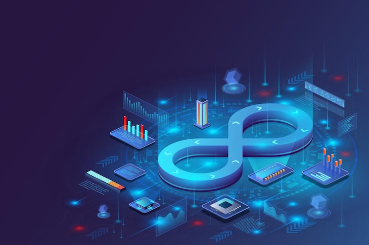 Vector 3d devops 개발 서비스 연속 아이콘 소프트웨어 앱 배달 프로세스 사이클 클라우드 디지털 연결 민한 기술 데이터 인포그래픽 터 이소메트릭 배경