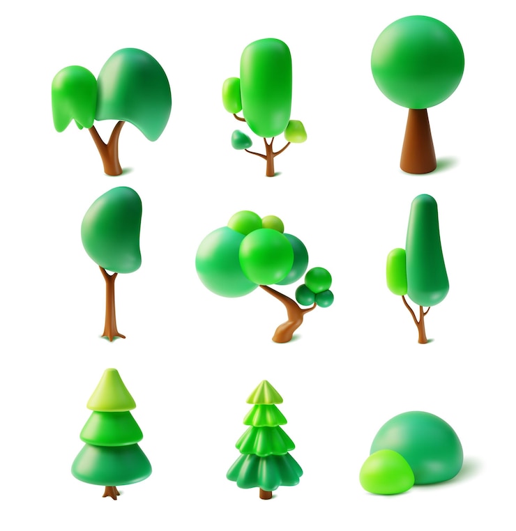Vector 3d different green trees and bushes set plasticine cartoon style vector