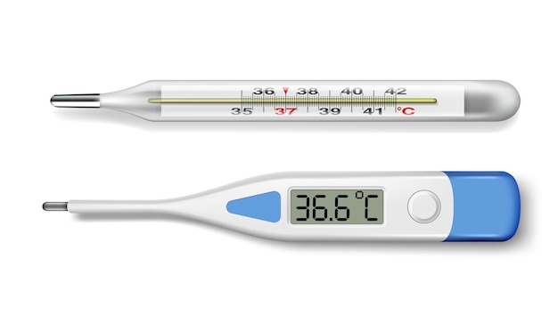 Вектор 3d цифровой и ртутный стеклянный медицинский термометр