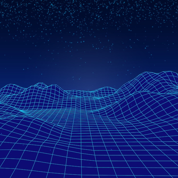 3D digital vector landscape with falling down particles like a snow.