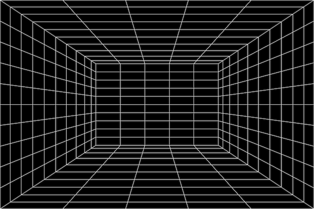 ベクトル 一点遠近法による黒い部屋空間の3dデジタル白いグリッド