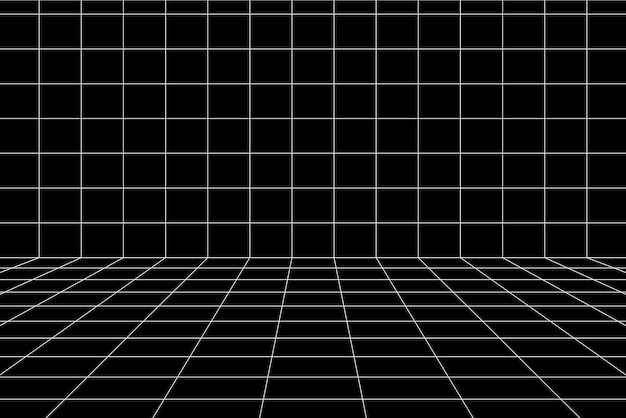 3D digital white grid of wall and floor of black room space with one point perspective