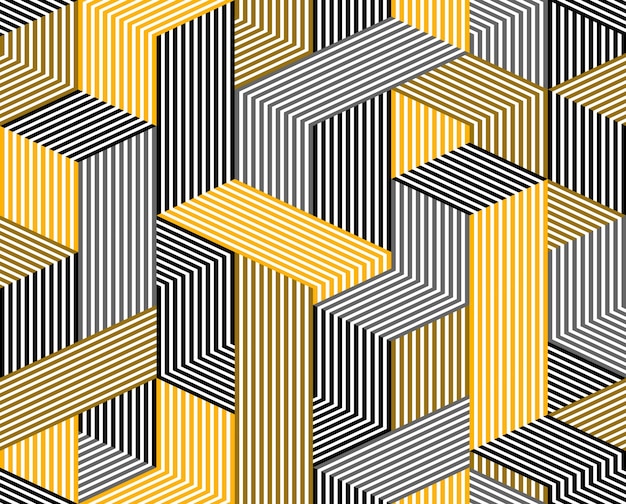 3D-dimensionaal bekleed kubussen naadloos patroon, geometrische eindeloze textuur met lijnen en dozen, architectuurthema, zwart en geel grafisch ontwerp achtergrondafbeelding.