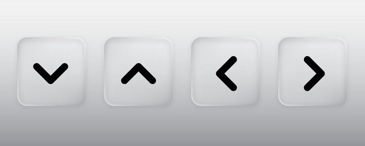 Vector 3d direction square button liquid glass button with arrow symbol up down left right sign modern web user interface element for ui ux design transparent frames and buttons vector illustration