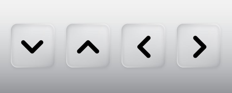 Vector 3d direction square button liquid glass button with arrow symbol up down left right sign modern web user interface element for ui ux design transparent frames and buttons vector illustration