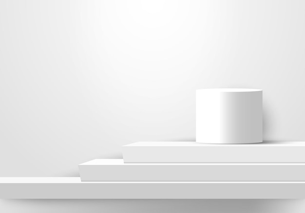 ベクトル 3dディスプレイのリアルな白色の幾何学的な表彰台は、受賞者賞の階段を上っています。ベクトルイラスト