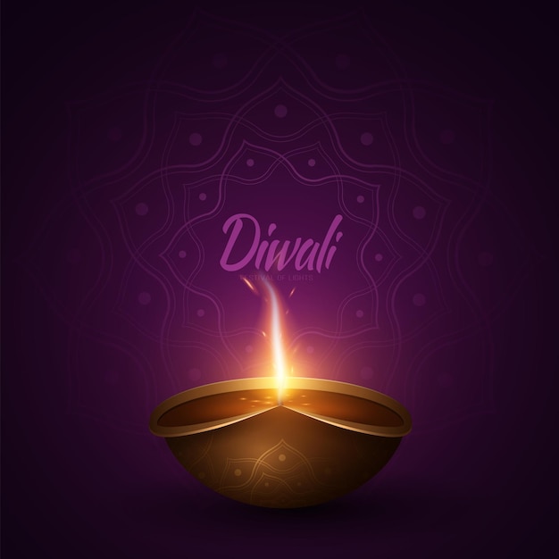 Lampada 3d diya con ornamento mandala tradizionale che brucia per la festa delle luci diwali biglietto di auguri alla moda in stile indiano design elegante per la copertina festiva illustrazione vettoriale