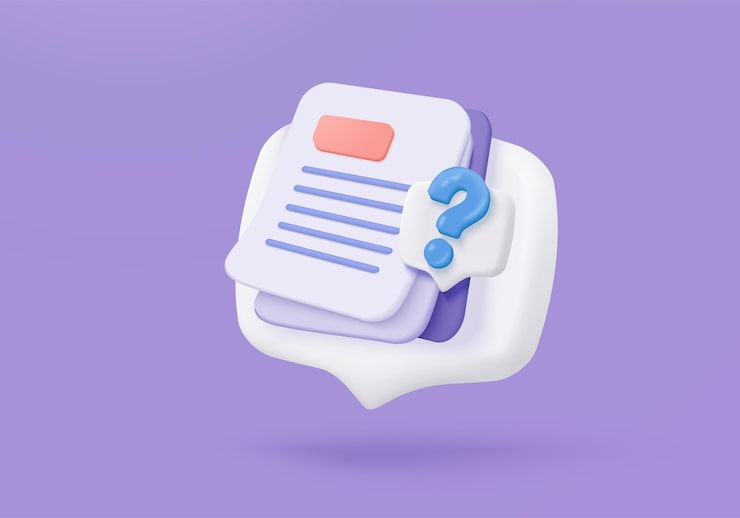 Vector 물음표 아이콘이 있는 3d 문서 목록 말풍선 질문 기호가 없는 종이 문서 시트 또는 faq 및 qa 답변 솔루션 개념 3d 문서 양식 아이콘 벡터 렌더링 그림