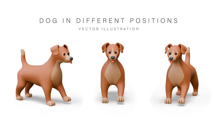 Vector 3d dog in cartoon style domestic animal in different positions