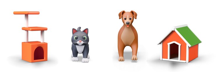 Vector 3d dog cat and their classic houses bright kennel cat house with several beds