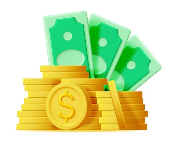 3D Dollar Banknote and Gold Coin Icon