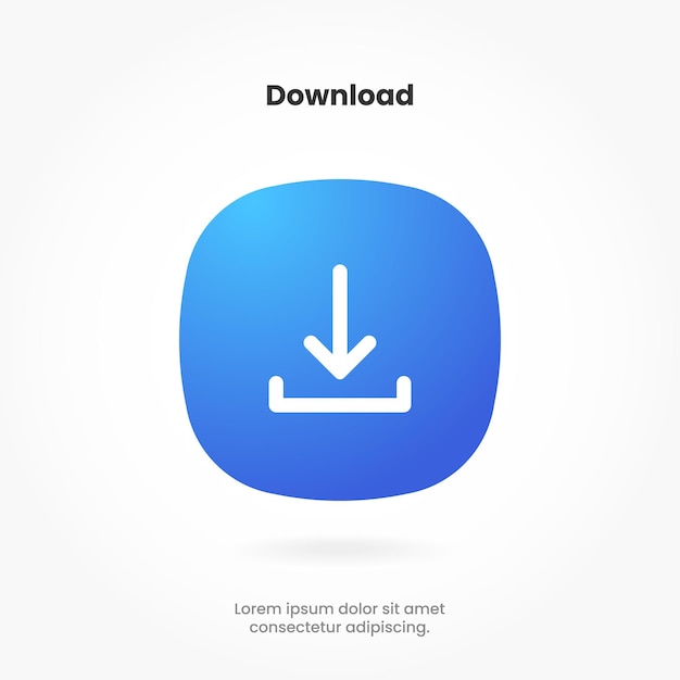 3D download button icon. Upload icon. Down arrow bottom side symbol. Click here button for UI UX