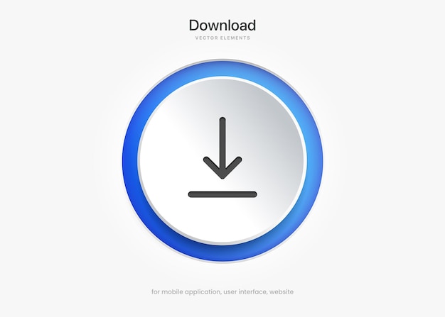 Icona del pulsante di download 3d. carica icona. simbolo del lato inferiore della freccia giù. fare clic qui per ui ux