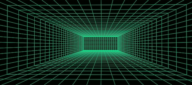 3d draadframe groene kamer Abstract perspectiefraster Retro futuristisch concept Vectorillustratie