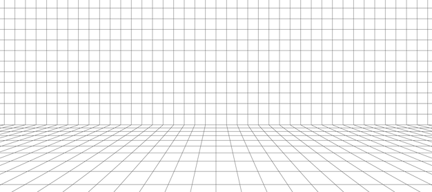 3D-draadframe rasterruimte. 3D-perspectief laserraster. Cyberspace witte achtergrond met zwart gaas. Futuristische digitale gangruimte in virtual reality. vector illustratie