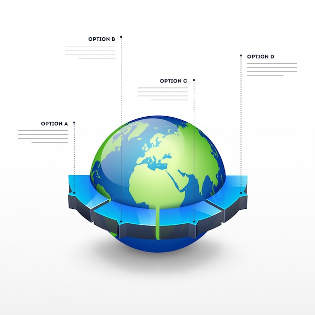 Globo terrestre 3d con quattro parti di opzione per modello di business infographic