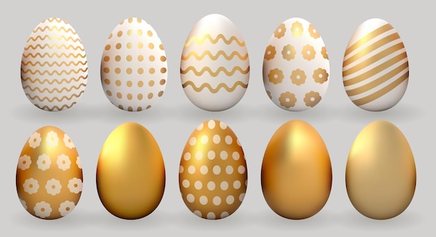 3d Easter gold egg set cute realistic holiday render vector collection