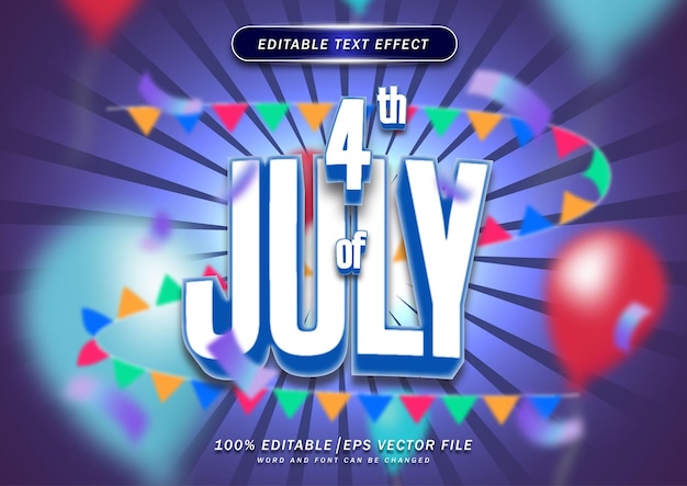 벡터 7월 4일 독립 기념일의 3d 편집 가능한 텍스트 스타일