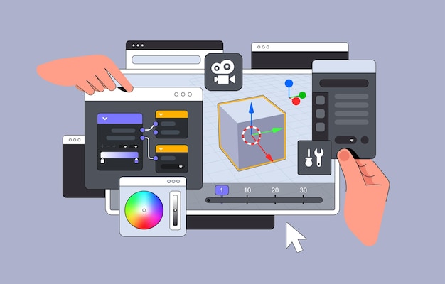 3d Editor Program interface with hands Big Dashboard for moduling Vector illustration
