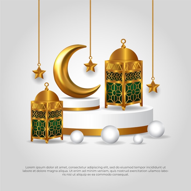 3d Eid al adha mubarak 아름다운 이슬람 황금 램프 달과 별 벡터 디자인