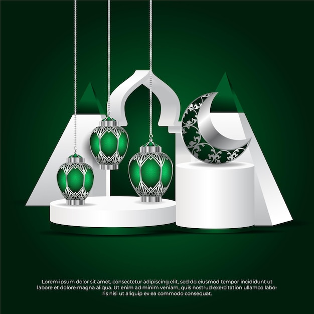 3d eid al adha mubarak bellissima lampada islamica e sfondo verde luna