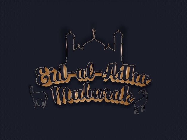 Вектор 3d шрифт eid al adha mubarak с вырезанным из бумаги верблюжьим козлом и мечетью на черном исламском фоне