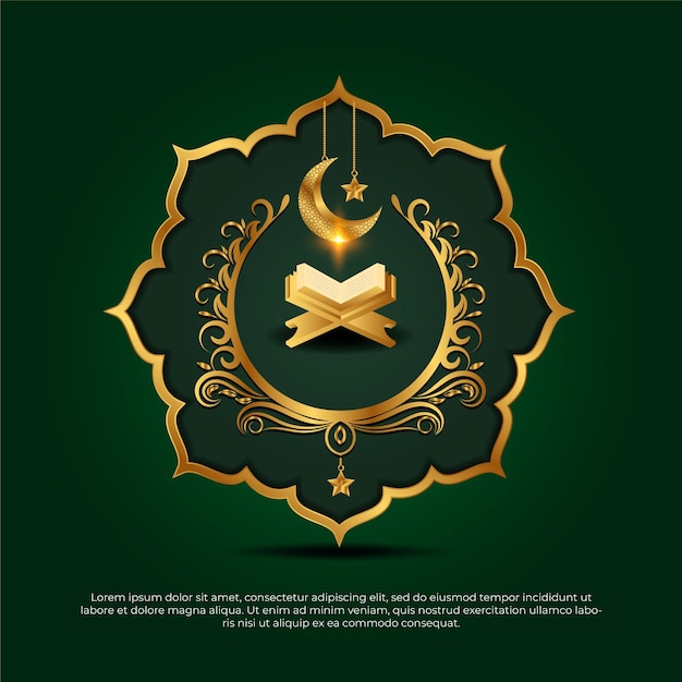 3D Eid al adha mubarak islamitische mooie groene gouden koran maan ster vector achtergrond
