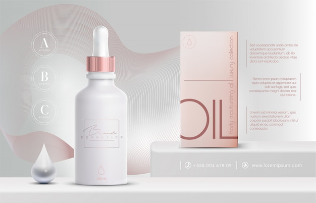 3d elegante cosmetische producten oliespray voor huidverzorgingsproducten. luxe gezichtscrème. flyer of bannerontwerp voor cosmetische advertenties. blauwe cosmetische crème sjabloon. merk van make-upproducten.