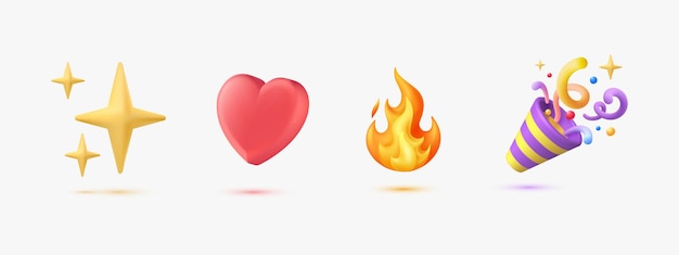 Вектор 3d-эмоджи на вечеринке поппер любовь искры и пламя икона иллюстрация