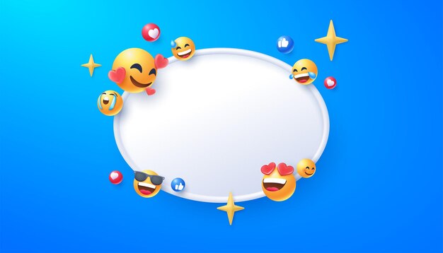 Vettore emoji 3d con cornice a cerchio bianco su sfondo blu