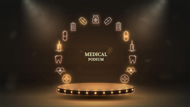 3d empty podium with neon frame of syringe cross heart teeth pills and capsules for medicine A concept for healthcare in black and gold