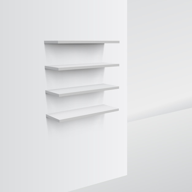 3d empty white shop shelf on wall