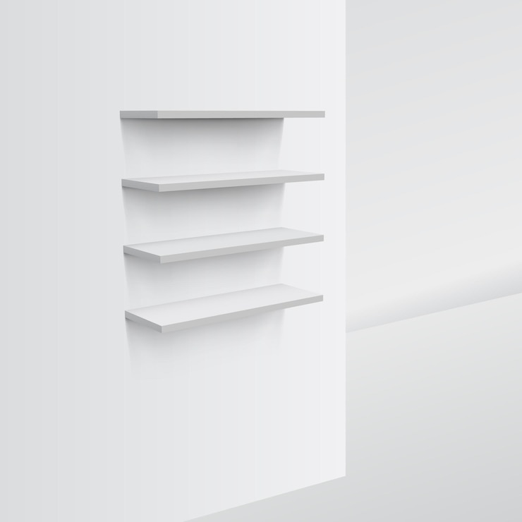 Vector 3d empty white shop shelf on wall